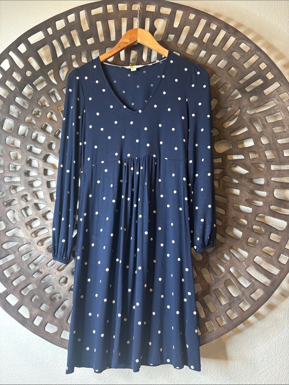 💙Boden Navy Blue Polka Dot V-Neck Dress Petite 4P Stretch Long Sleeve Flowy💙